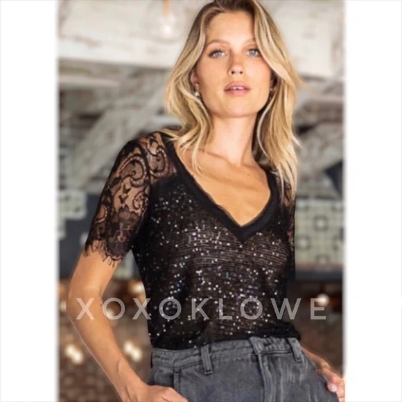 POL Black Sequin V Neck Lace Short Sleeves Sheer Top - Picture 14 of 15